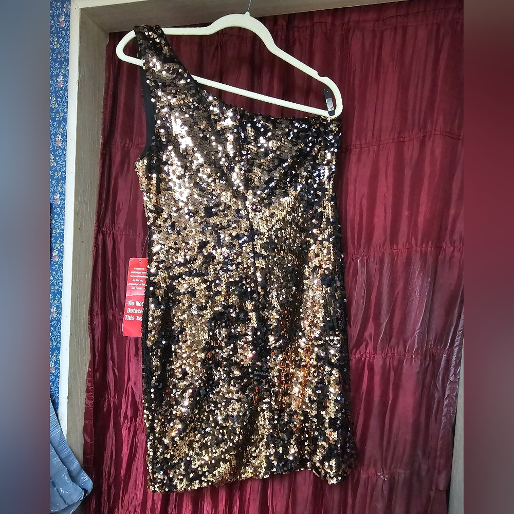 Aqua Black and Gold Sequin One Shoulder Dress - Picture 2 of 5
